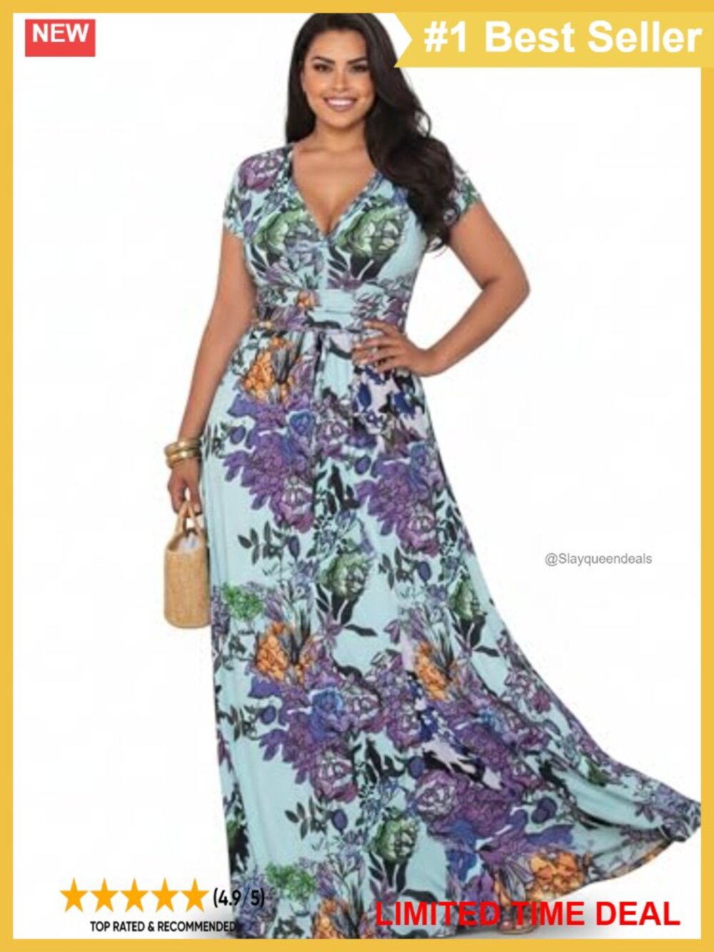 KOH KOH Maxi Dress Floral Print V-Neck Short Sleeve Semi-Formal Gown